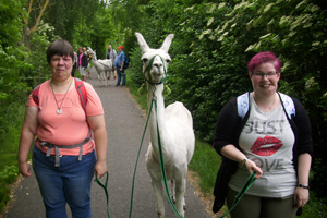 Zwei Frauen mit Unstrut-Lama auf Wanderschaft